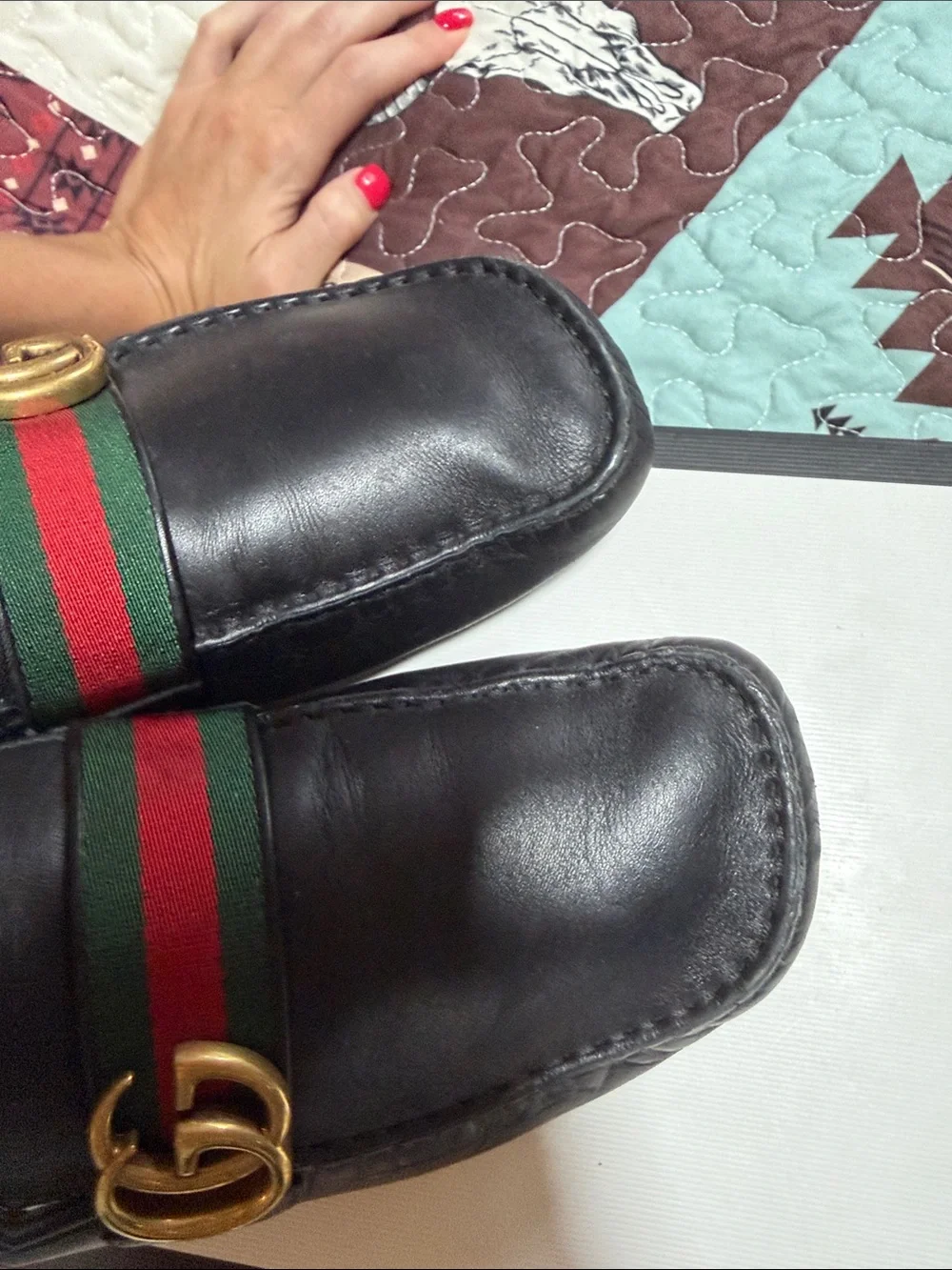 Gucci Black Leather Loafers with Green-Red Web and Gold Double G